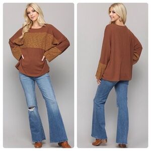 Solid Ribbed Knit and Texture Knit Mix Top cinnamon NEW